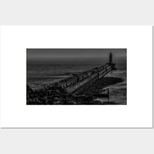 Monochrome Tynemouth Pier And Lighthouse Posters and Art